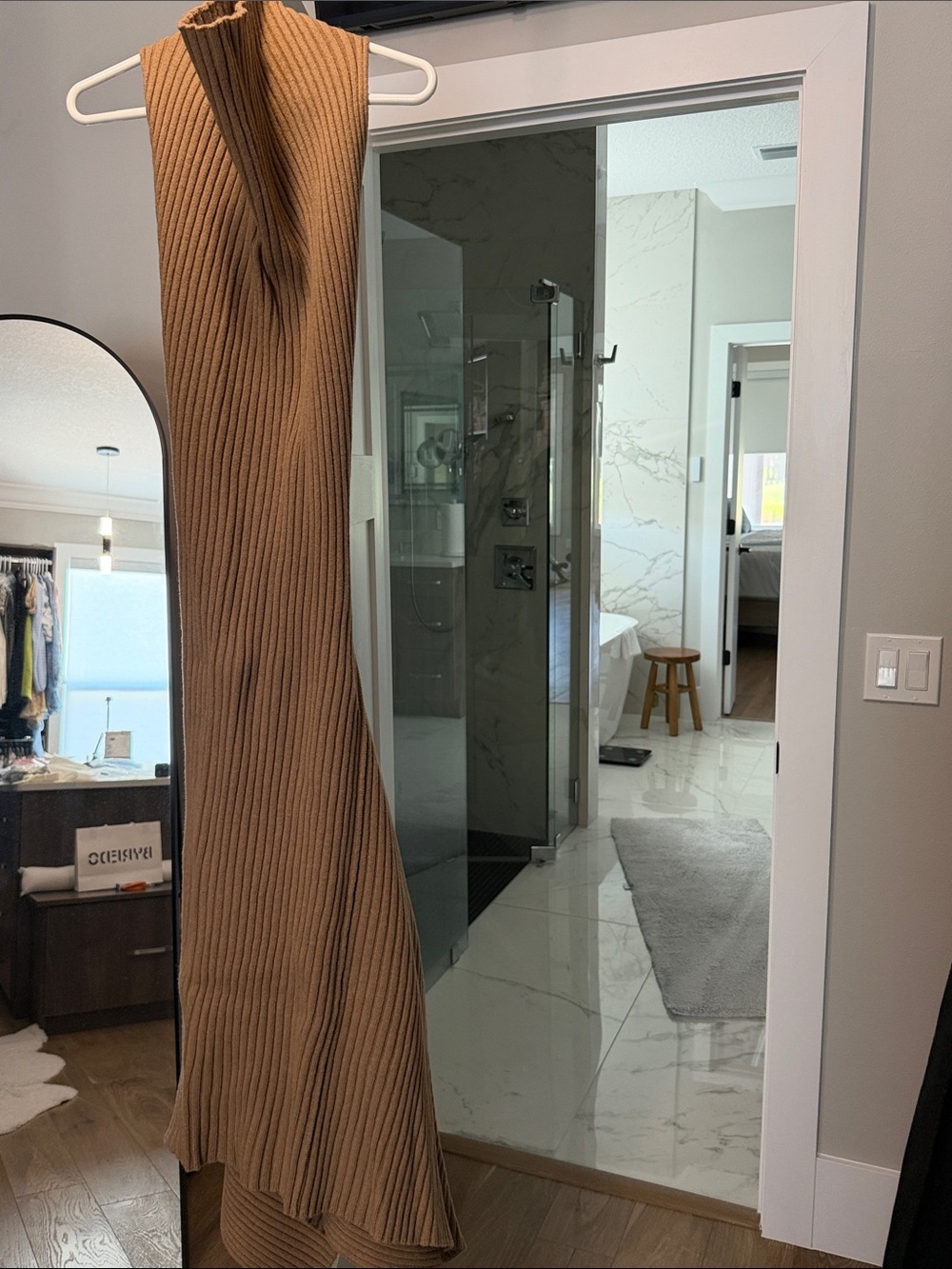 Victoria Beckham Sleeveless Ribbed Asymmetrical Maxi Dress in Camel